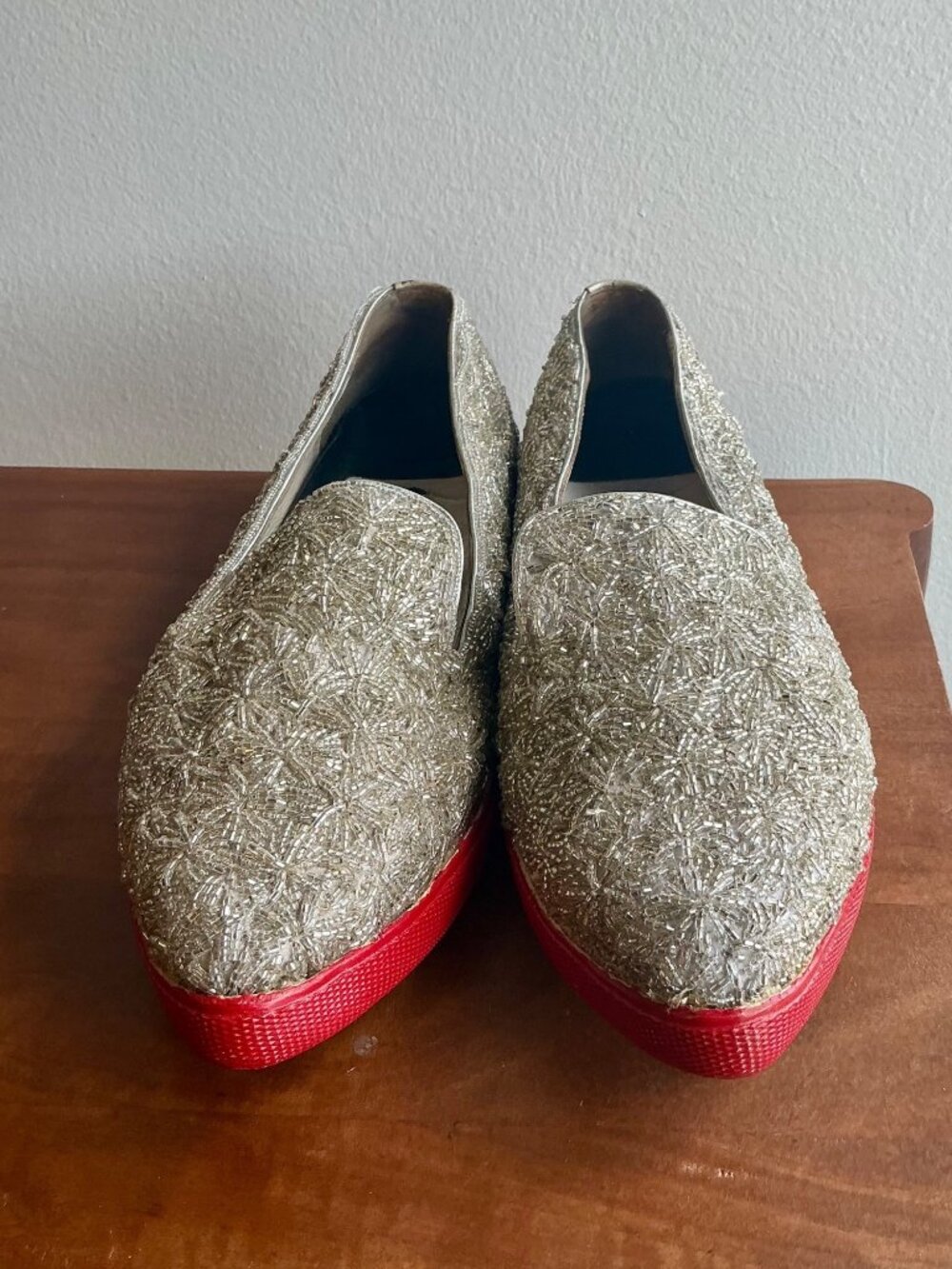 alice + oliva Silver Beaded + Studded Red Bottom Loafers - Picture 2 of 12